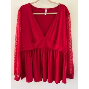 ALLEGRACE 4X Holiday Red baby doll Lace Top Empire Stretch sheer  Long Sleeves